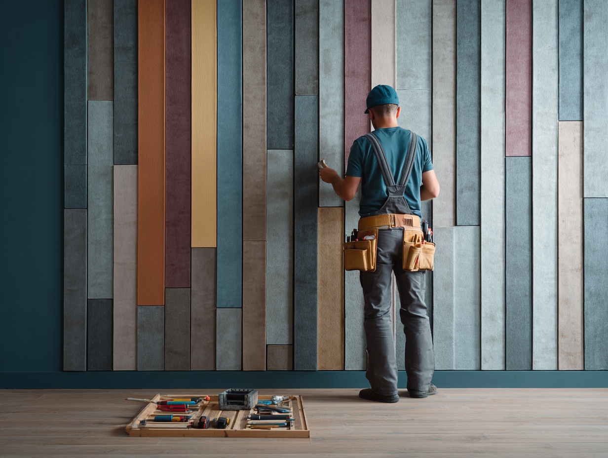 Worker installing soundproof wall panels
